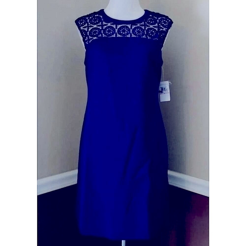 Royal Cobalt Blue Sleeveless Shift Dress Crocheted Beaded Yoke by Muse Sz Small